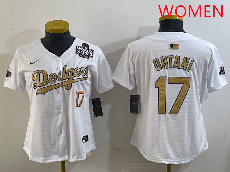 Women Los Angeles Dodgers 17 Ohtani White Champion gold character 2025 Nike MLB Jersey style 3